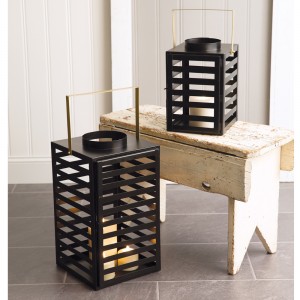 Set of Two Black Caged Lanterns with Gold Handles